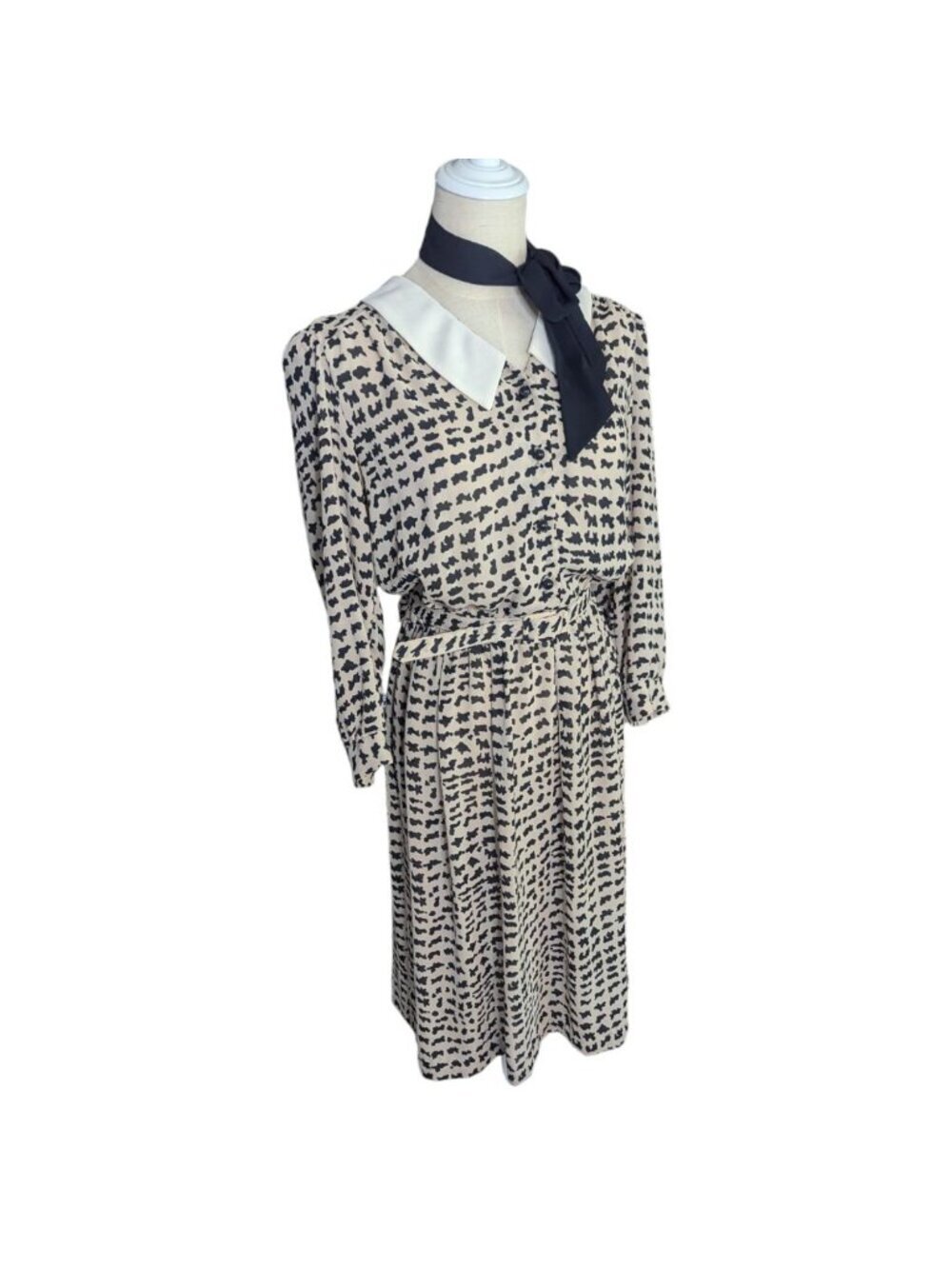 VTG Carriage Court Dress With Black Abstract Print White Collar & Belt Long - Picture 3 of 5